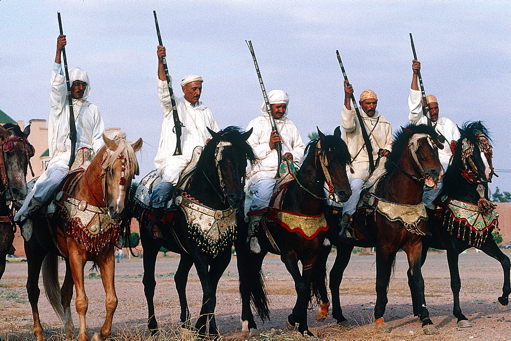 Morocco, South, Marrakech, Festival, Riders In Pomp Dresses Preparing A Fantasia