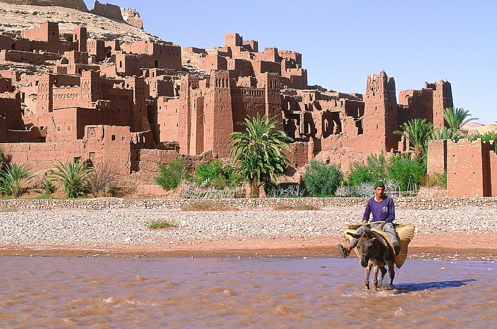 Morocco, South, Ouarzazate Region, Ait Benhaddu Ksar Ruins (Ancient Adobe Fortress And Village), Overview On The Ramparts And River (Oued), Peasant Crossing On His Donkey)