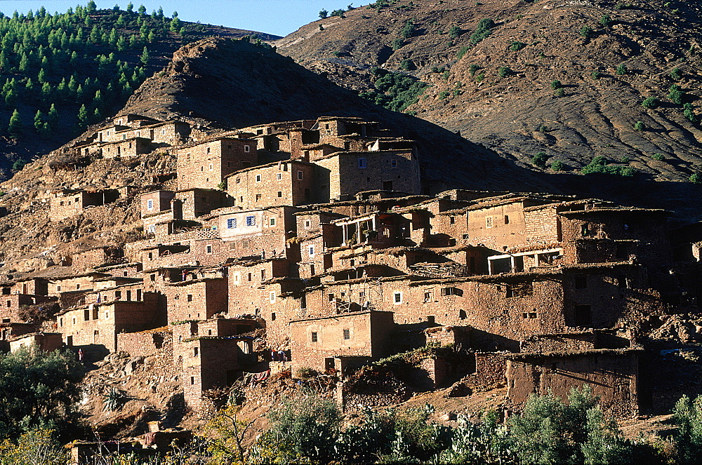 Morocco, South, Ouarzazate Region, Tizintishka Road, Berber Adobe Village On The Mountain