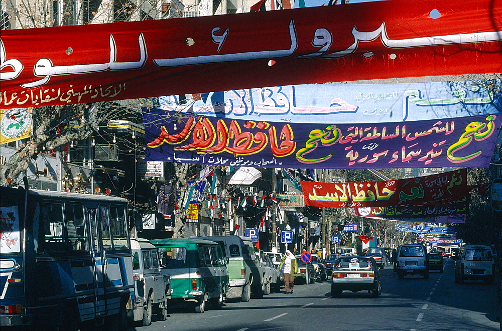 Syria, Damascus, Presidential Elections Day, The Main Street Is Decorated With Banners For The Unique Candidate