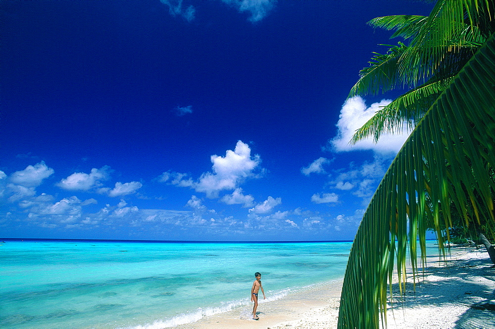 French Polynesia, Tuamotu Archipelago, Atoll Of Rangiroa, Lagoon And Beach, Boy Bathing