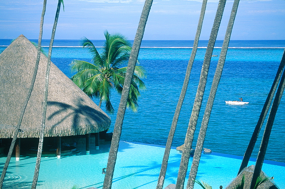 French Polynesia, Tahiti, Hotel Beachcomber Swimming Pool And Lagoon In Punaauia, Palm Trunks At Fore