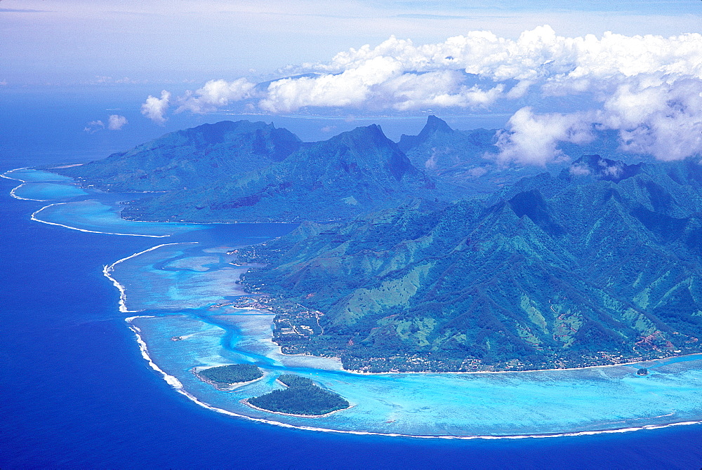 French Polynesia, Windward Islands, Moorea, Aerial, Haapiti Lagoon And Islets, On Left Opunohu Bay