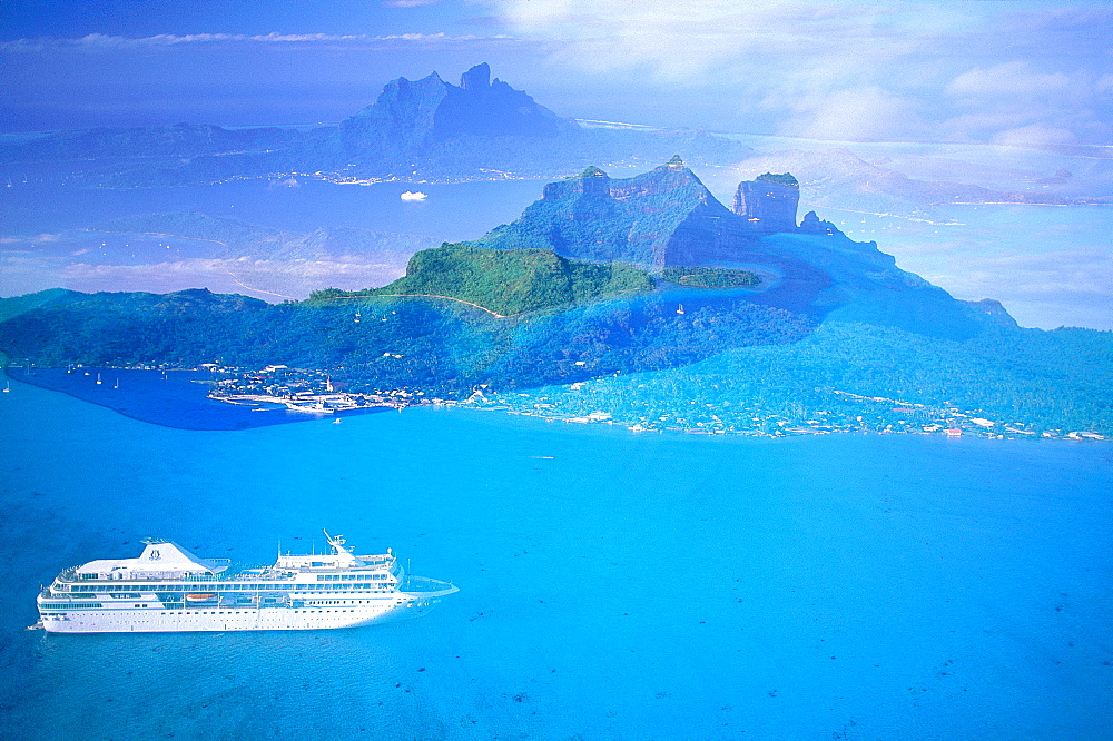 French Polynesia, Leeward Islands, Aerial Of Borabora And Ms Paul Gauguin Cruise Ship In The Lagoon, (Double Exposure)