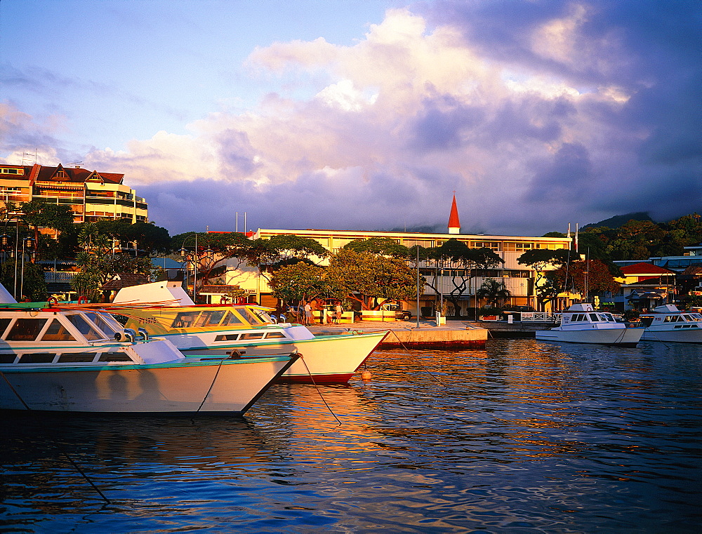 French Polynesia, Tahiti, Local Fishing Boats (Bonitiers) Moored At City Of Papeete Main Quay