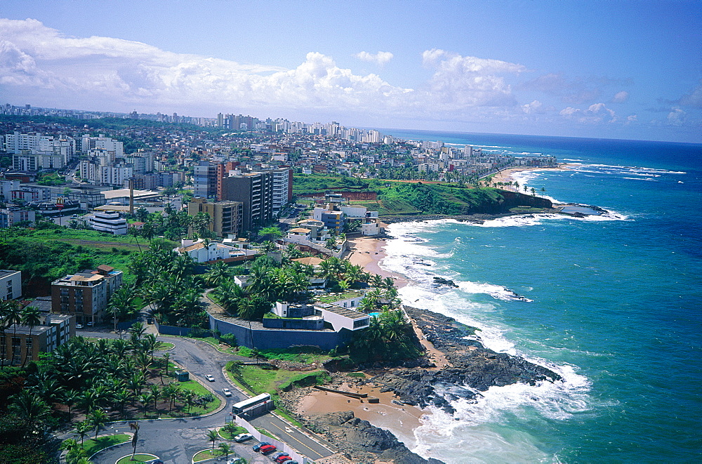 Brazil, Salvador De Bahia, Elevated View Of The Coastline And Beaches In Tourist Area