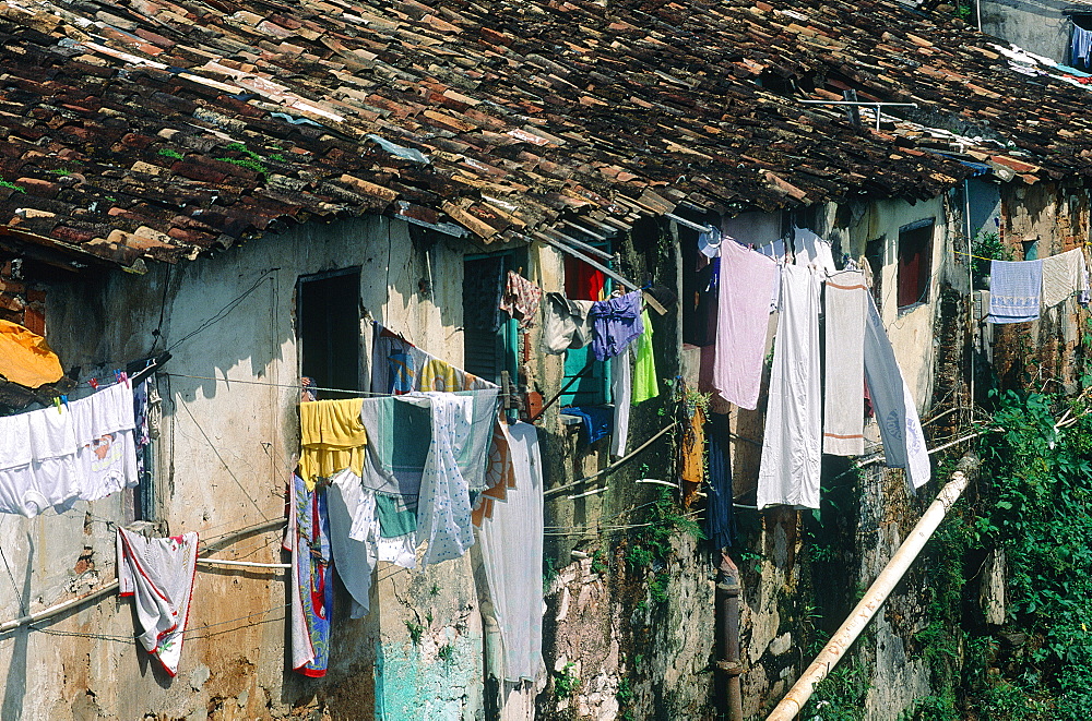 Brazil, Salvador De Bahia, The Historic Quarter Of Pelourinho, Laundry Hanging At Windows Of Slum Houses