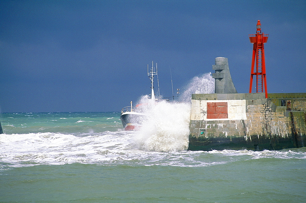 France, Normandy, Calvados (14), Portenbessin , Fshing Boat Returning To The Harbour By A Rough Sea Day