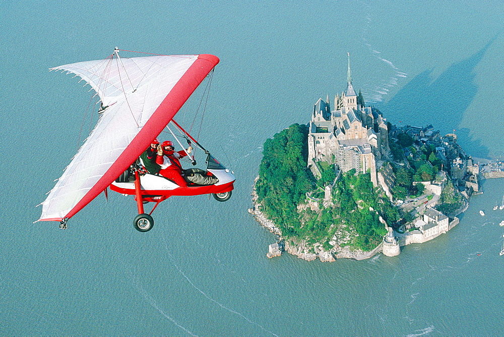 France, Normandy, Manche (50), Mont Saintmichel, Aerial Photography Of An Ulm Flying Above The Mount At High Tide