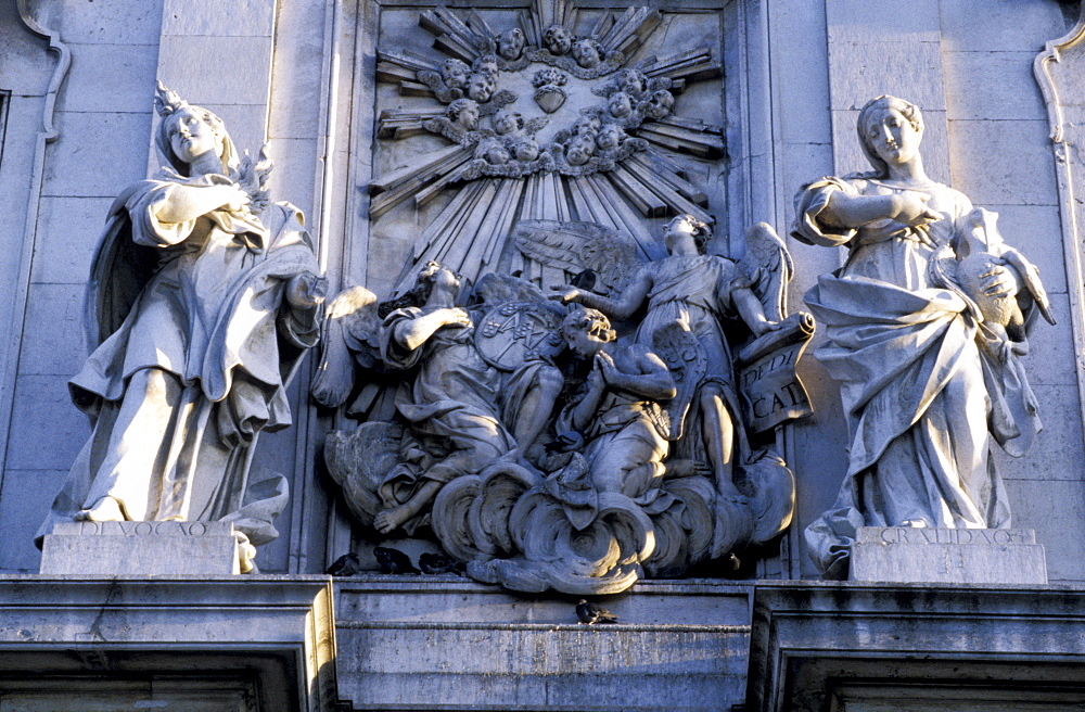 Portugal, Lisbon, Sculpted High Relief On The Baroque Church La Estrella Facade