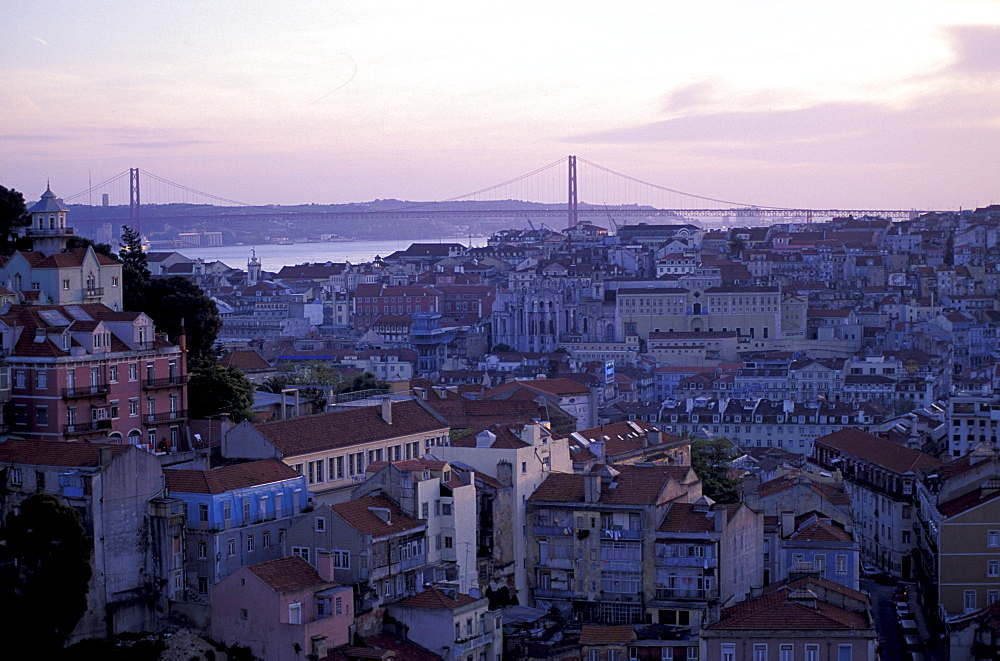 Portugal, Lisbon, Overview At Dusk On The City From St Georges Castle (Castello Sao Jorge), The Gustave Eiffel Lift And Carmo Church