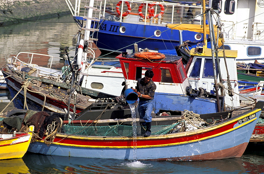 Portugal, Lisbon, Fishing Boat Small Harbour At 25 Abril Bridge Foot