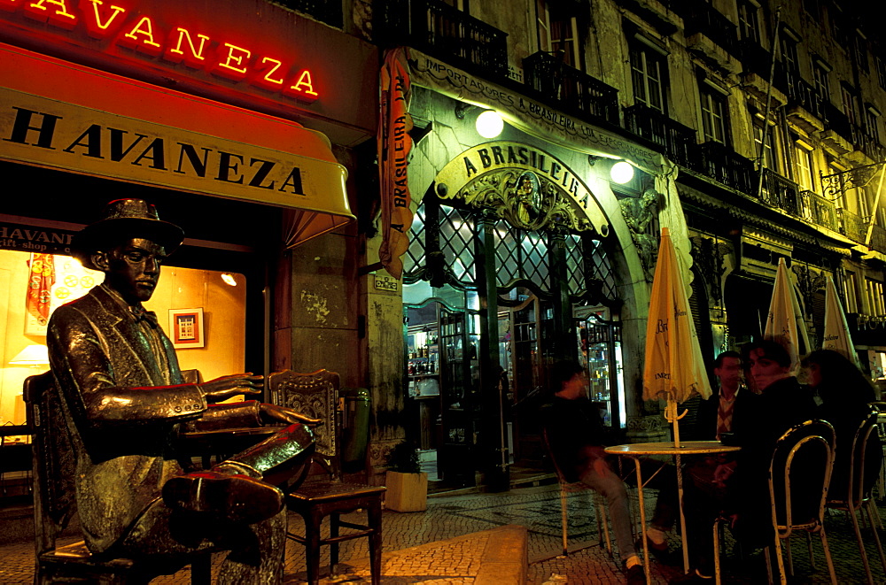 Portugal, Lisbon, Cafe Brasileira A Fernando Pessoa Favourite, Night View On The Terrace And The Poet Statue