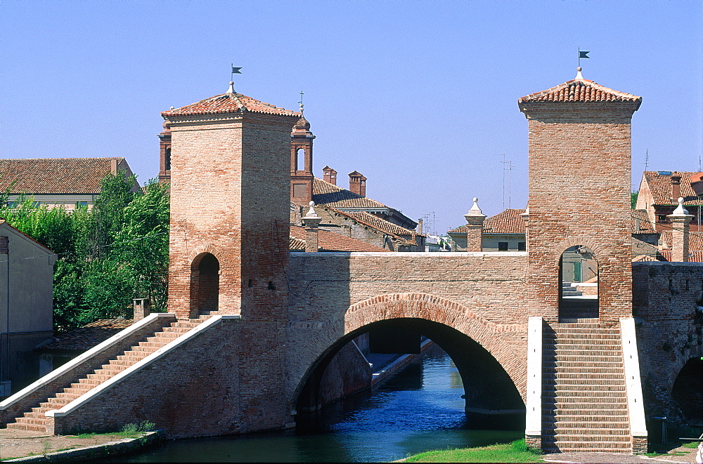 Italy, Emilia Romagna, River Po Delta, Comarchio, The Famous Bridge With Towers