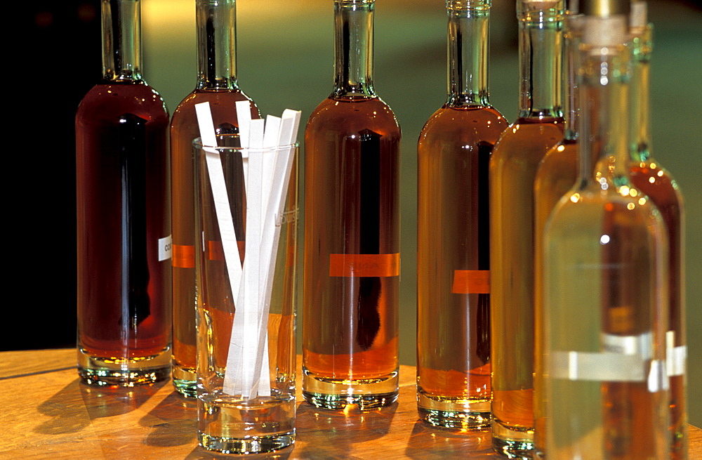 Bottles prepared for a tasting, Otard cellars, the castle, Cognac, Charente, France, Europe