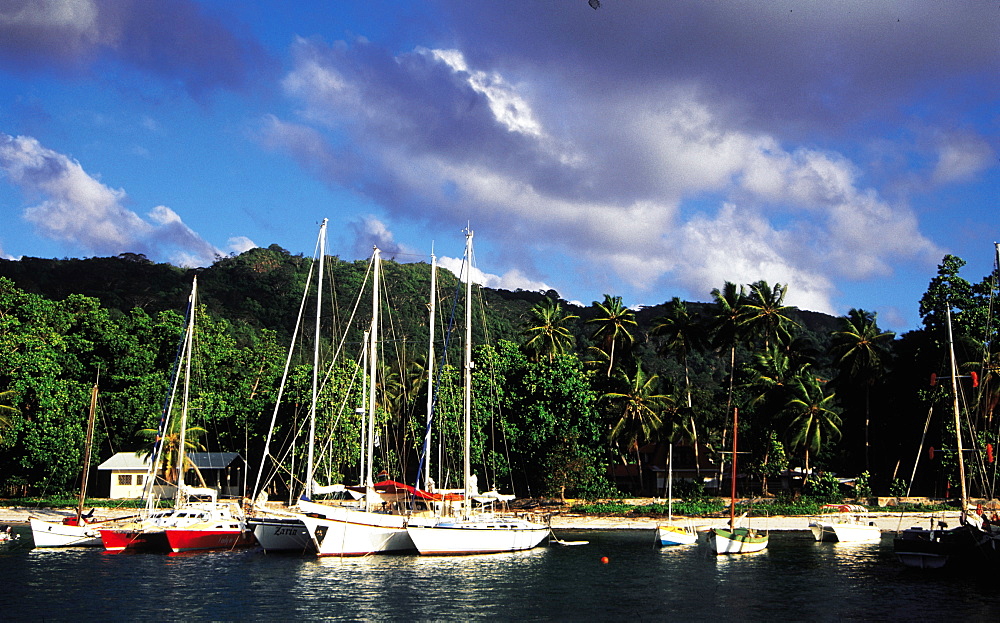 Seychelles, La Digue, Sailing Boats Anchored