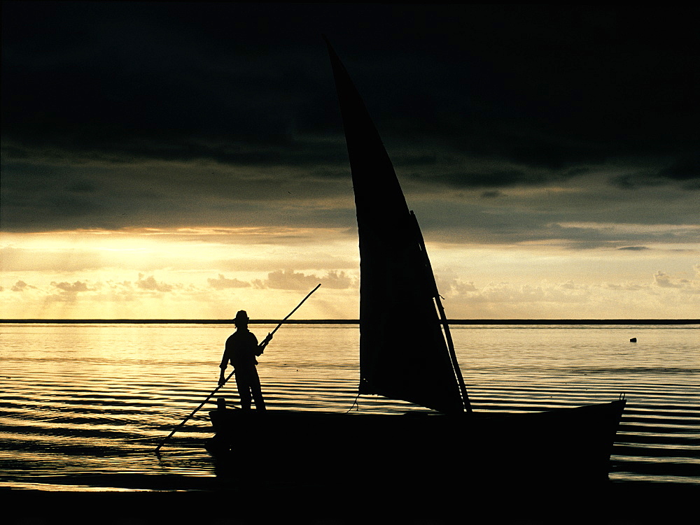 Mauritius, Trou-Aux-Biches, Sailing Boat At Dusk