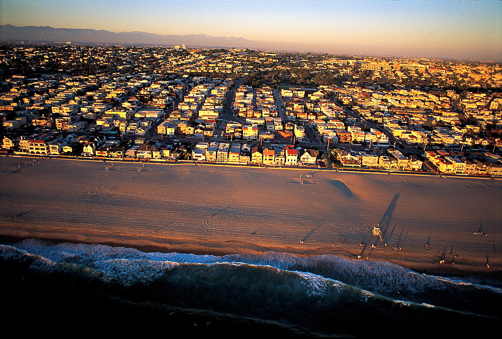 Los Angeles, California, Usa Santa Monica Beach At Dusk, Aerial