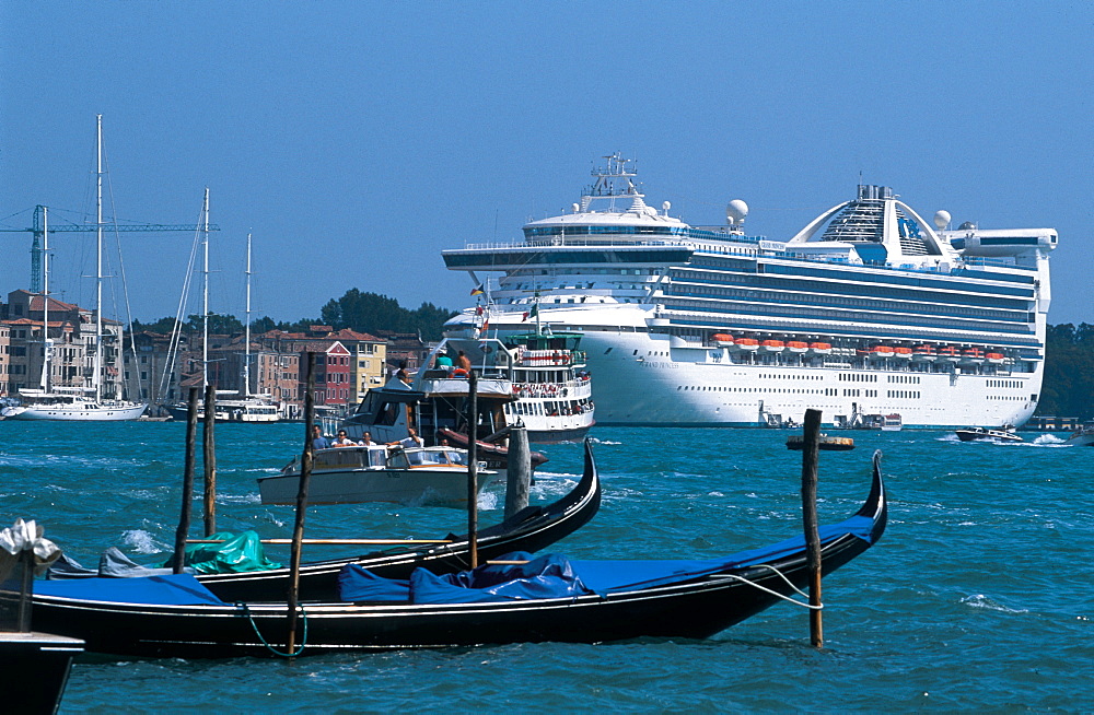 Gondola And Huge Cruiser, Venice Laguna, Italy