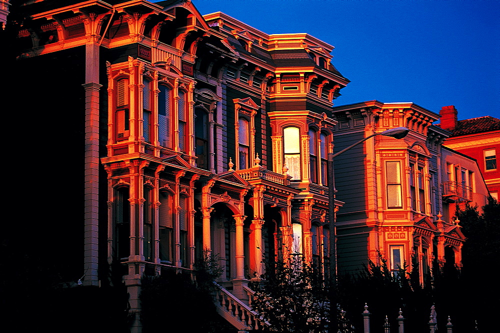 Wooden Victorian & Georgian Houses At Dusk, San Francisco, Usa