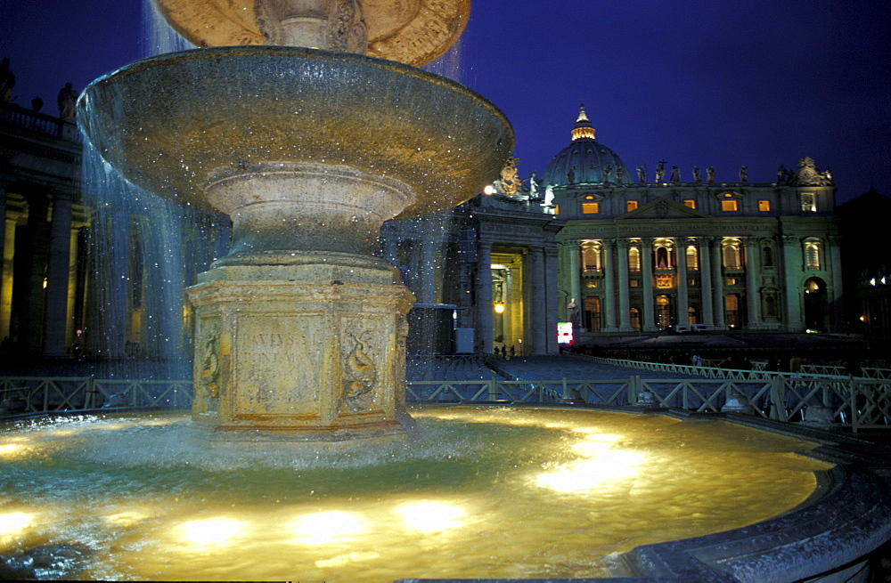 Italy, Rome, Vatican, St. Peter's Square At Night, Fountain In Fore