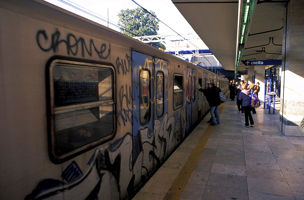 Italy, Rome, Metro Station With Tagged Train