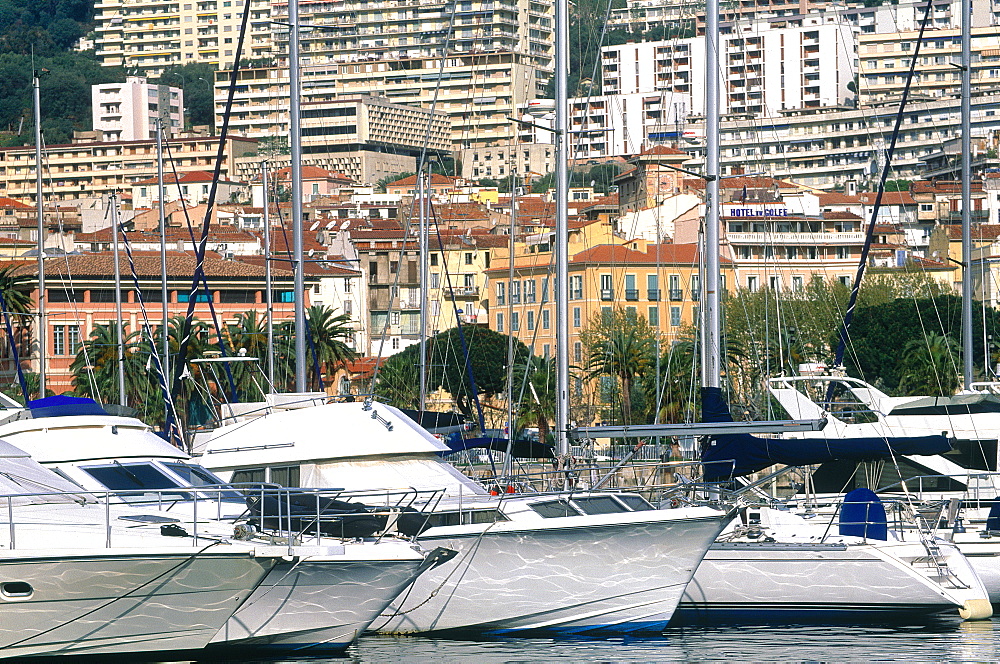 France, Corsica, Ajaccio, The Harbour And Marina, City Housing Buildings Behind