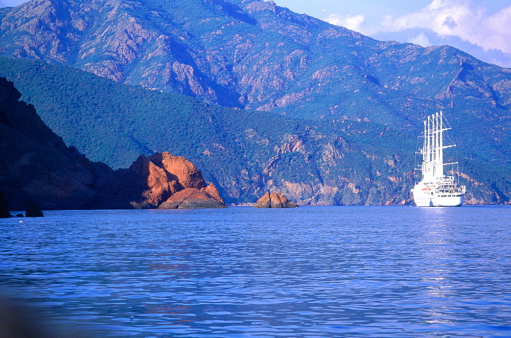 France, Corsica, South, Piana Vicinity, Porto Golf, Large Cruiser Anchored