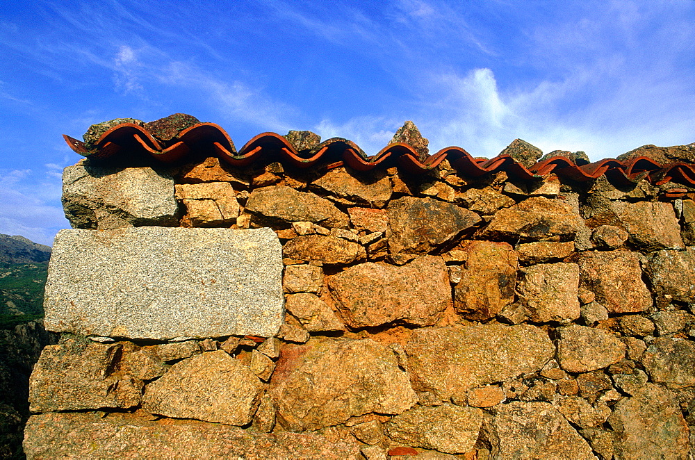 France, Corsica, Close Up Of A Traditional Mountain Stone And Tile House