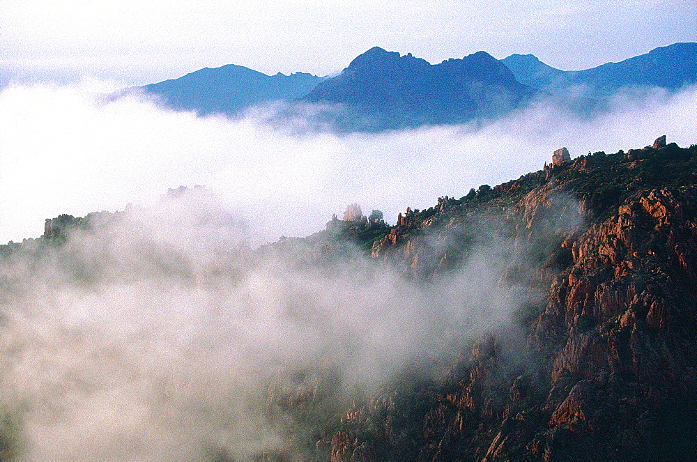 France, Corsica, South, Piana Vicinity, Porto Golf, Overview On The Calanche With Mists