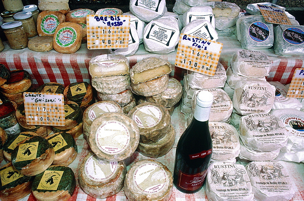 France, Corsica, North, Bastia, Market, Traditional Corsican Cheese Stand