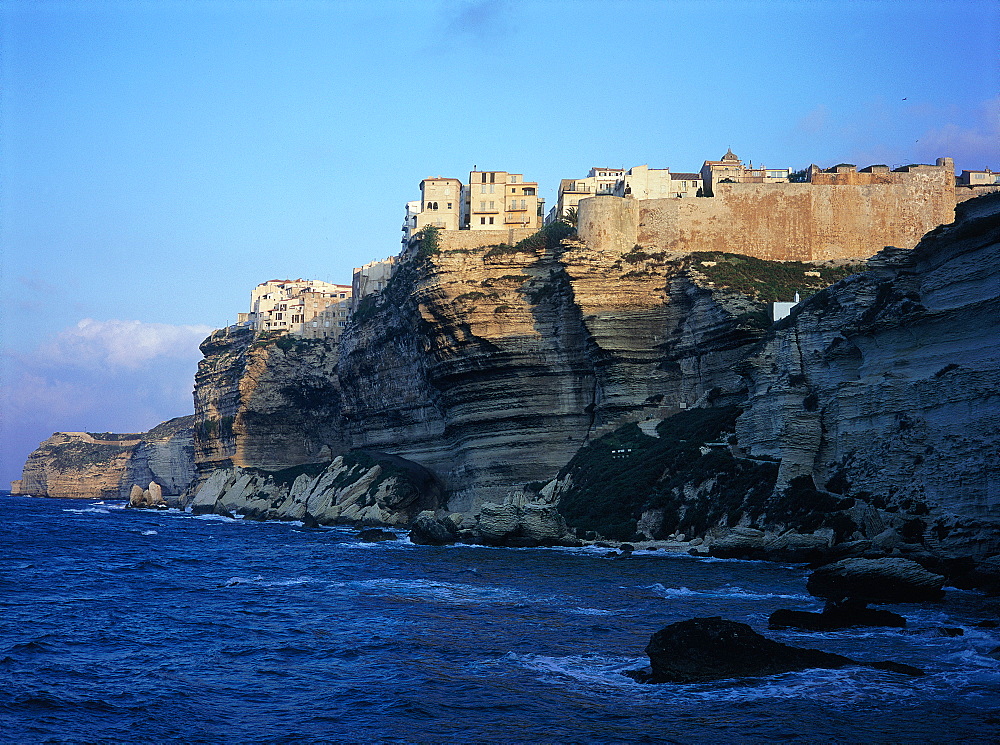 France, Corsica, South, Bonifacio, View Of The Cliffs And Overhanging Citadel At Sunrise