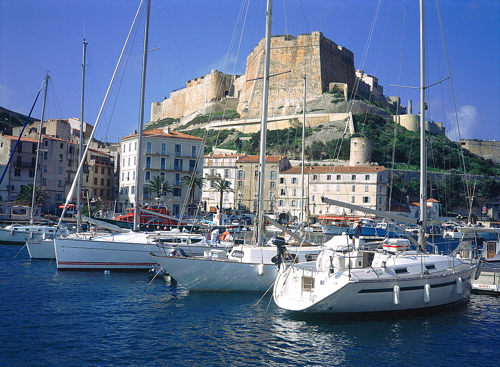 France, Corsica, South, Bonifacio, The City On The Harbour And Citadel Behind