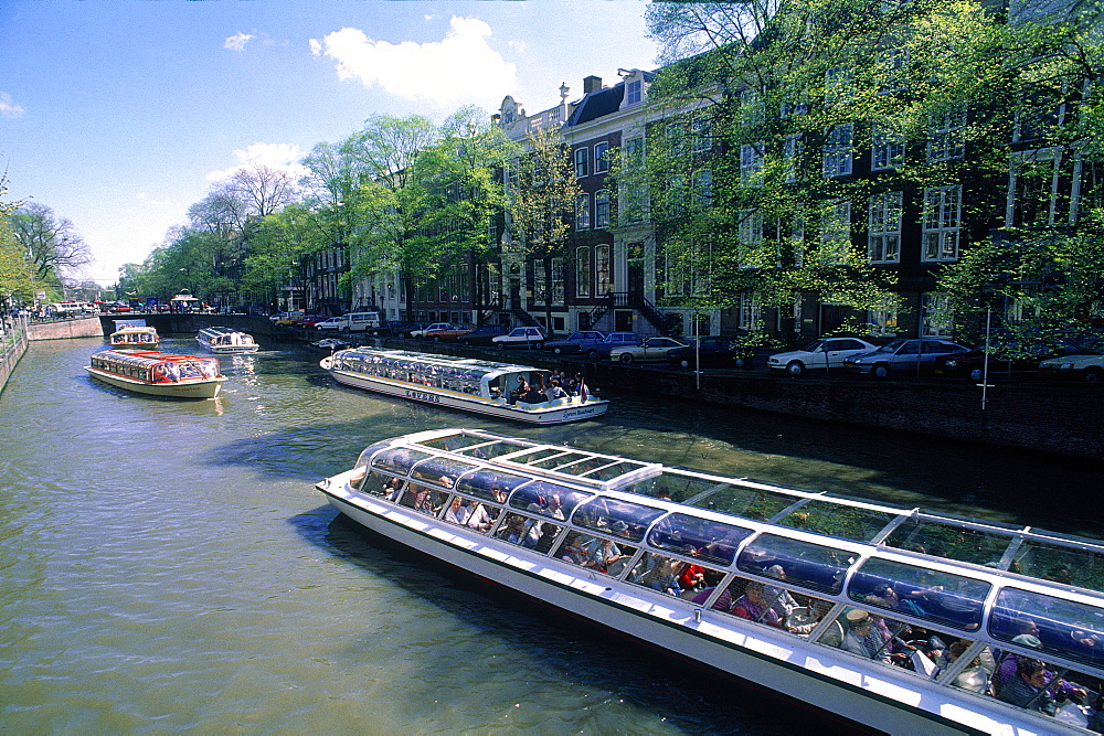 Netherlands, Amsterdam, Tour Boats On A Canal