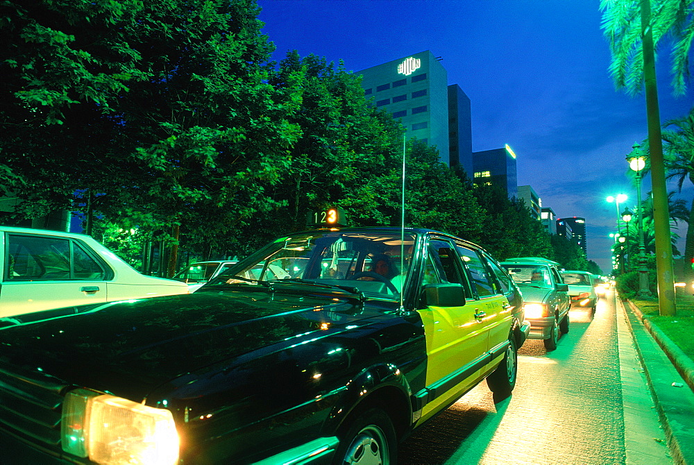 Spain, Catalonia, Barcelona, Night Traffic On Avinguda Diagonal