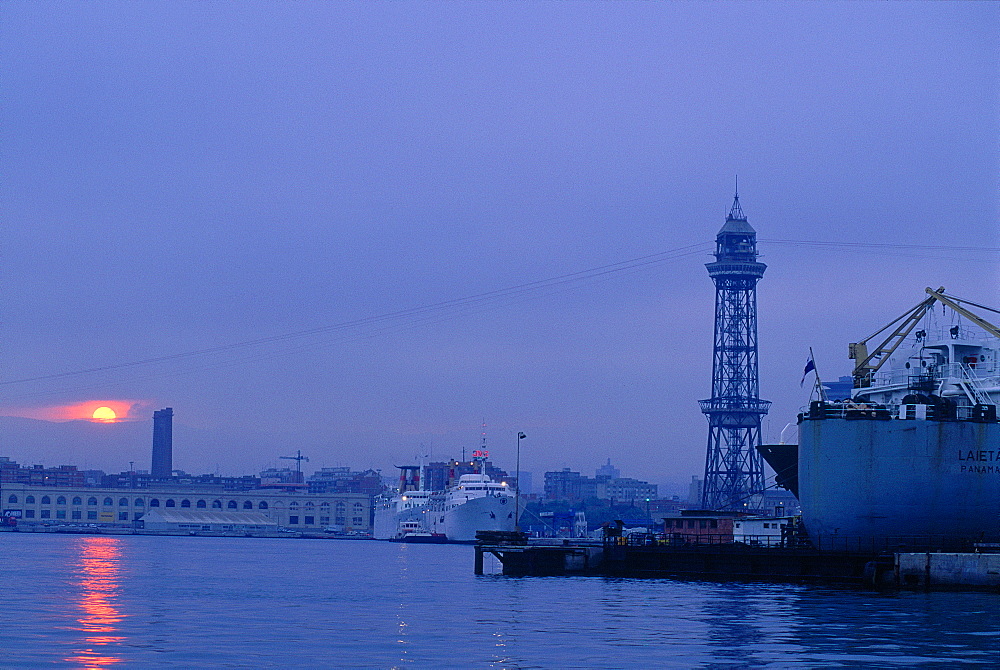 Spain, Catalonia, Barcelona, Sunset In The Harbour