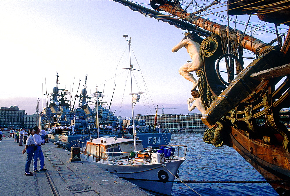 Spain, Catalonia, Barcelona, The Harbour At Dusk