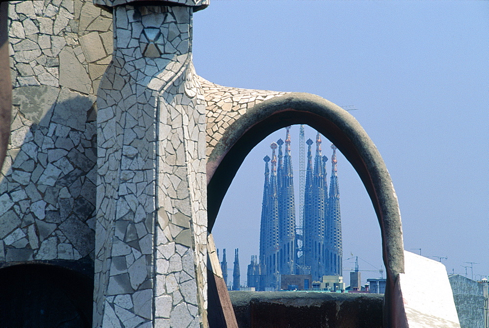 Spain, Catalonia, Barcelona, Sagrada Familia Church Designed By Gaudi, The Belfries Seen From The Pedrera Roof