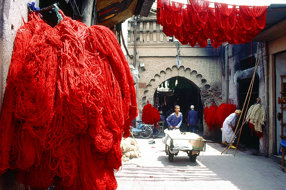 Morocco, Marrakech, Medina, The Dyers Souks With Red Wool Drying