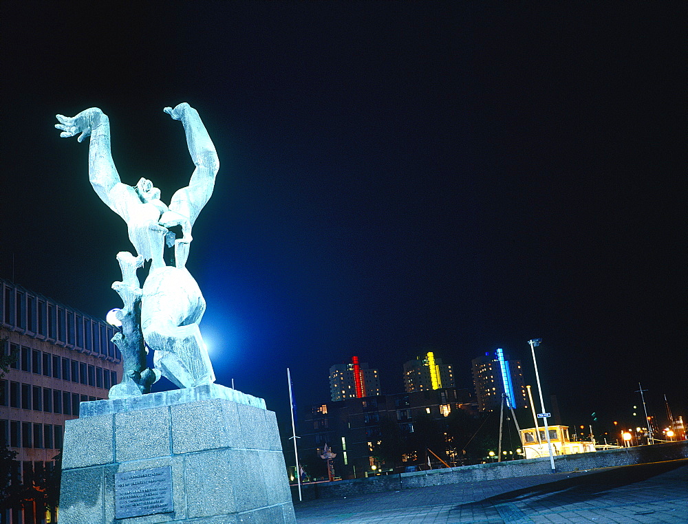 Netherlands, Rotterdam, The Old Harbour At Night And Ossip Zadkine Monument To War Victims Illuminated