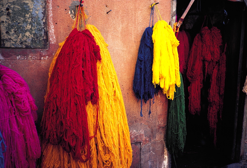 Morocco, Marrakech, The Dyers Souks, Freshly Dyed Wools Drying