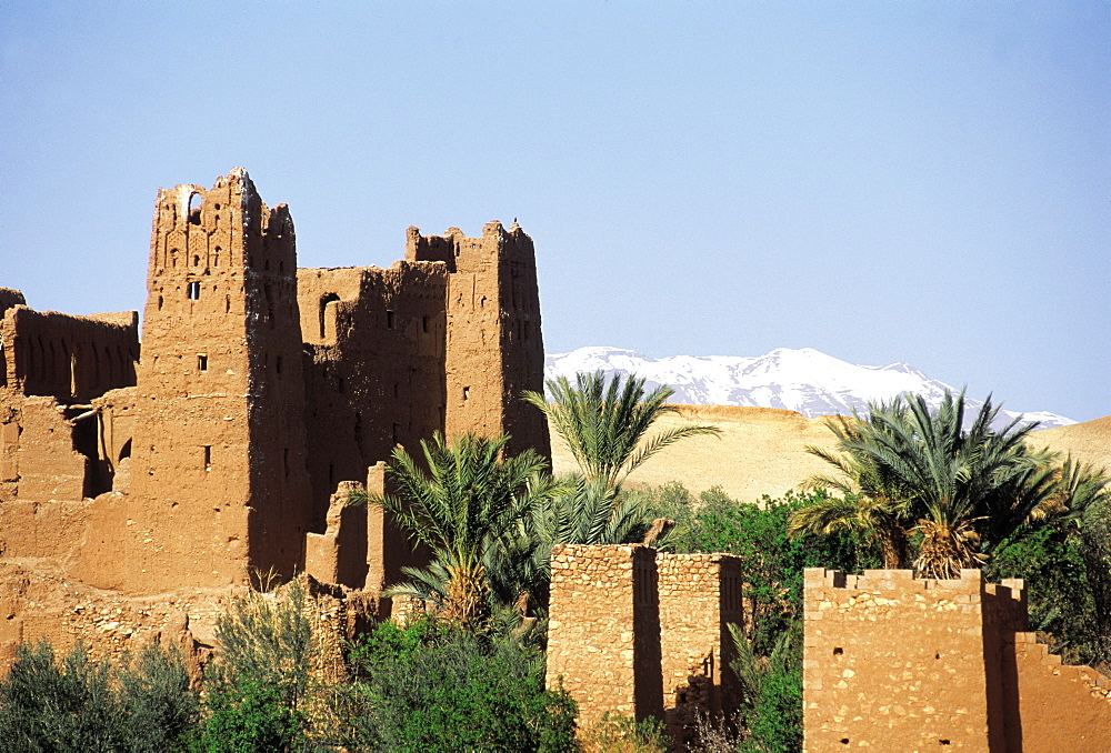 Morocco, Ouarzazate Region, Ait Ben Haddou Kasbah (Mud Fortress) At Spring, Atlas Mountains Capped With Snow Behind