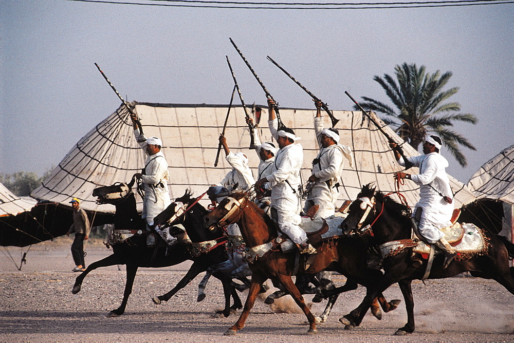 Morocco, Marrakech, Festival Fantasia (Men Riding Horses Galloping And Firing Antique Guns)