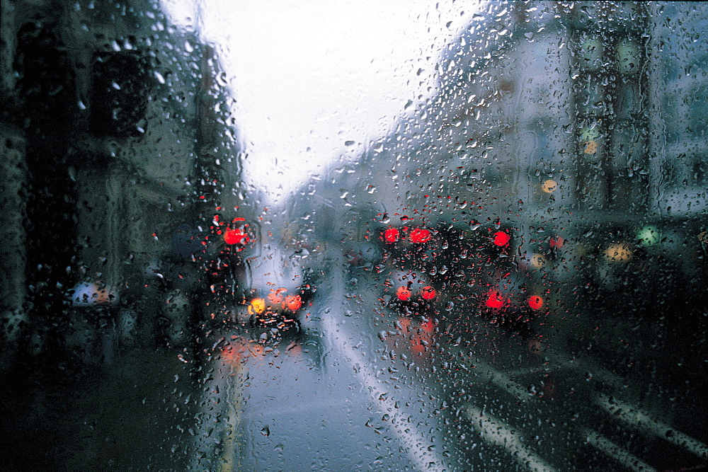 UK, London, Rainy Bus Front Window