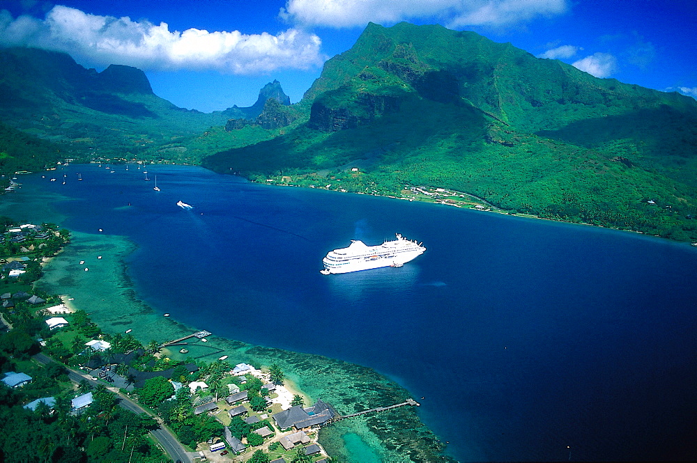 French Polynesia, Gastronomic Cruise On M/S Paul Gauguin, Aerial Of The Ship In Moorea Island Cooks Bay 