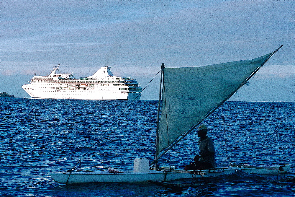 French Polynesia, Gastronomic Cruise On M/S Paul Gauguin, The Ship In Bora Bora Lagoon, Local Outrigger At Fore 