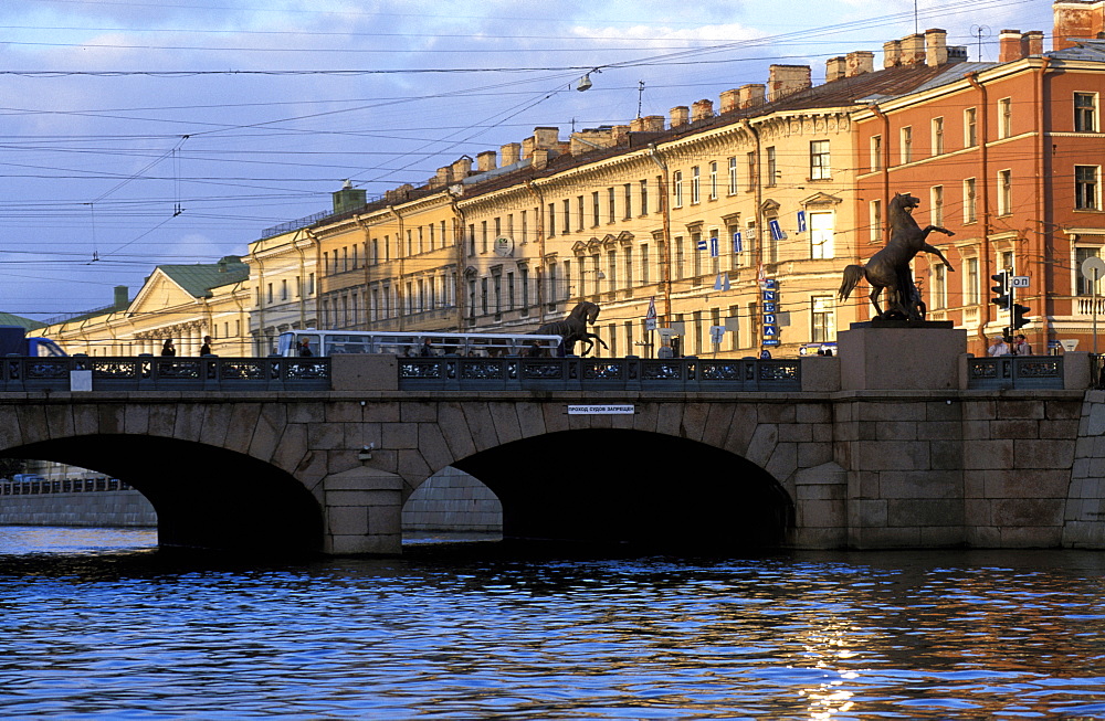 Russia, Saint Petersburg, Cruising On A Boat Under Anitchov Bridge On The Fontanka Canal 