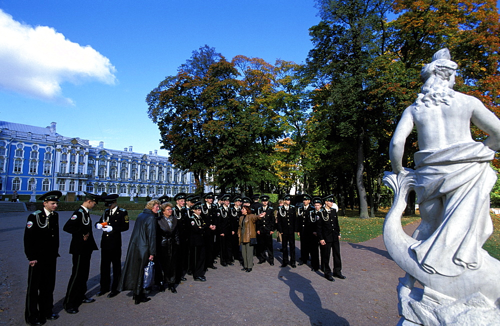 Russia, Saint Petersburg, Tsarskoie Selo (Pushkin) Catherine Ii Castle & Park, Facade, Group Of Military School Students 