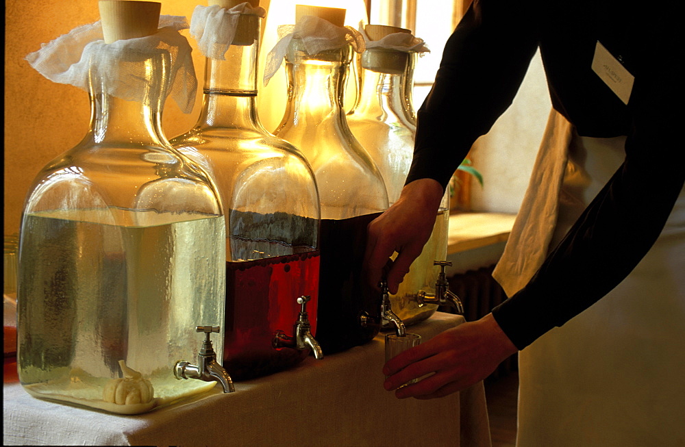 Russia, Saint Petersburg, Restaurant Named Restauran, Bottles Of Home Made Alcohols 