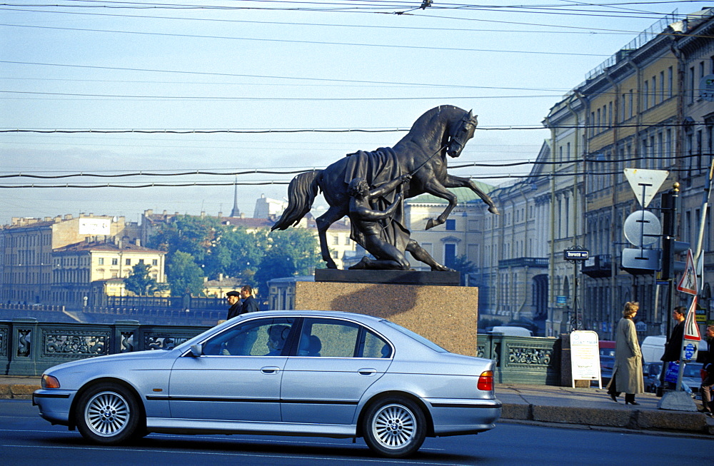 Russia, Saint Petersburg, Anitchov Bridge With Horses Sculpture, Brand New Bmw Passing 